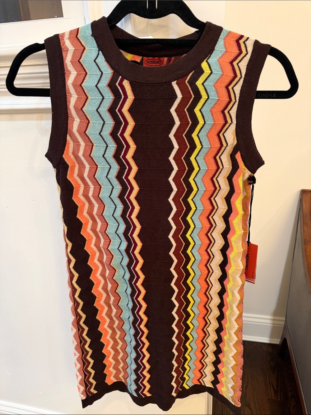 Missoni Target Brown Sleeveless Zigzag Knit Dress with Multicolor Stripes